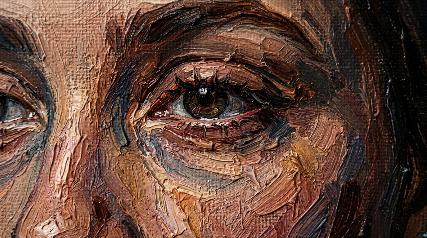 Extreme close-up of an oil canvas: an eye and cheek built from thick ridges of paint over visible canvas weave.