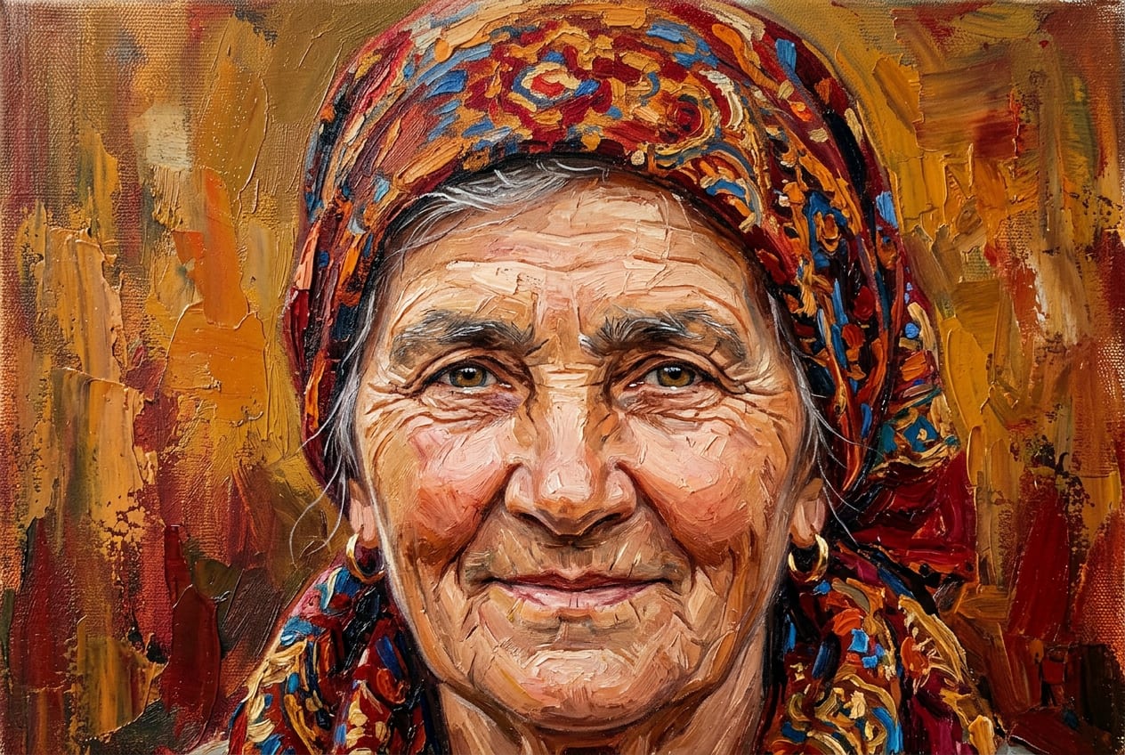 Sample oil canvas: a close portrait of an older woman in a patterned headscarf, ochre and deep red brushwork.