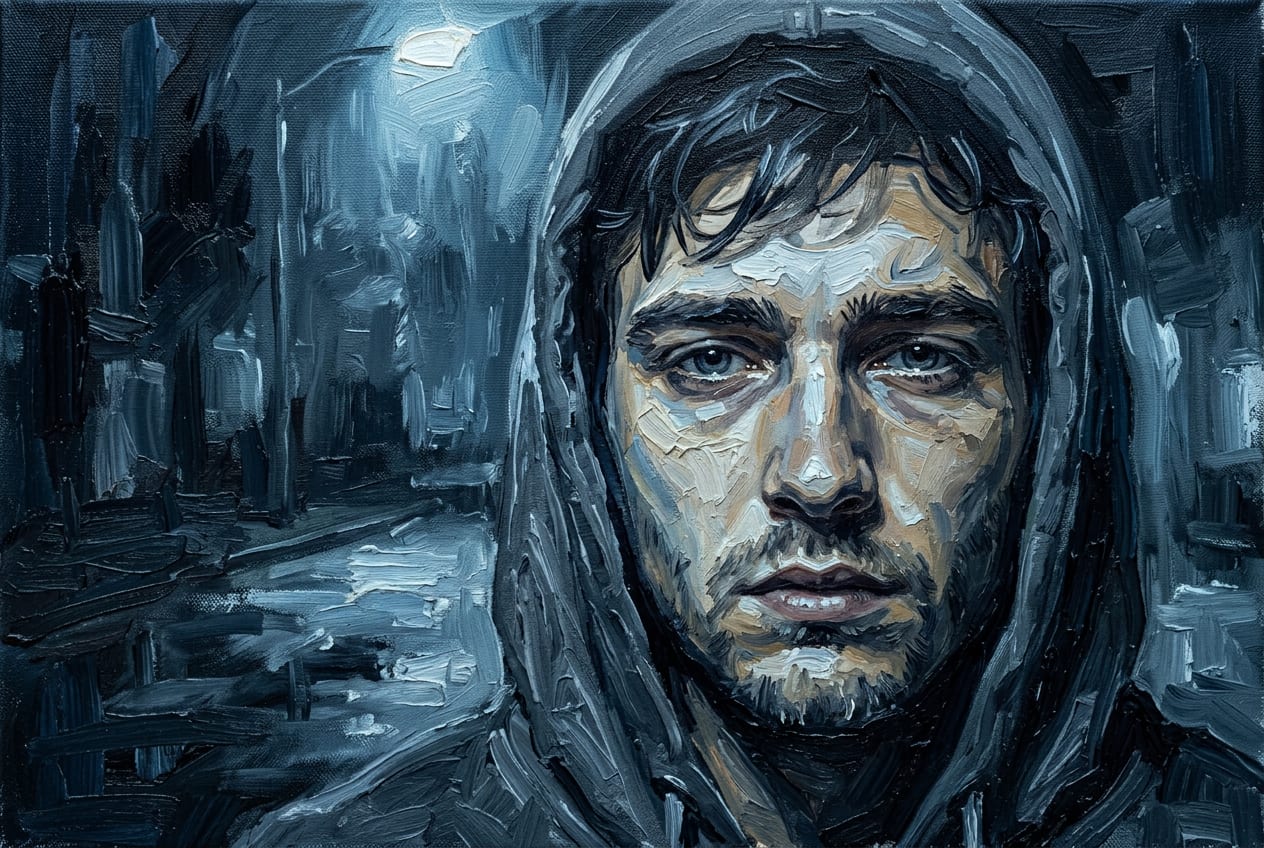 Sample oil canvas: a young man in a grey hood under cold blue street light.