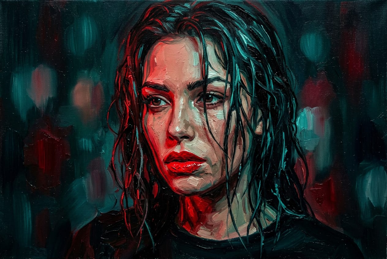 Sample oil canvas: a woman with red lipstick and wet black hair, lit in red and teal.