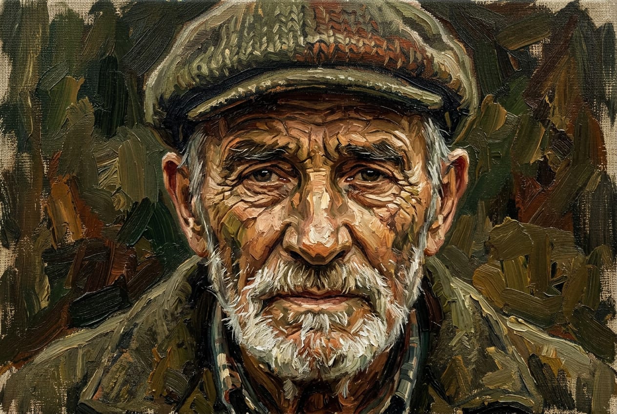 Sample oil canvas: an elderly man in a flat cap with a white beard, olive green and burnt umber brushwork.