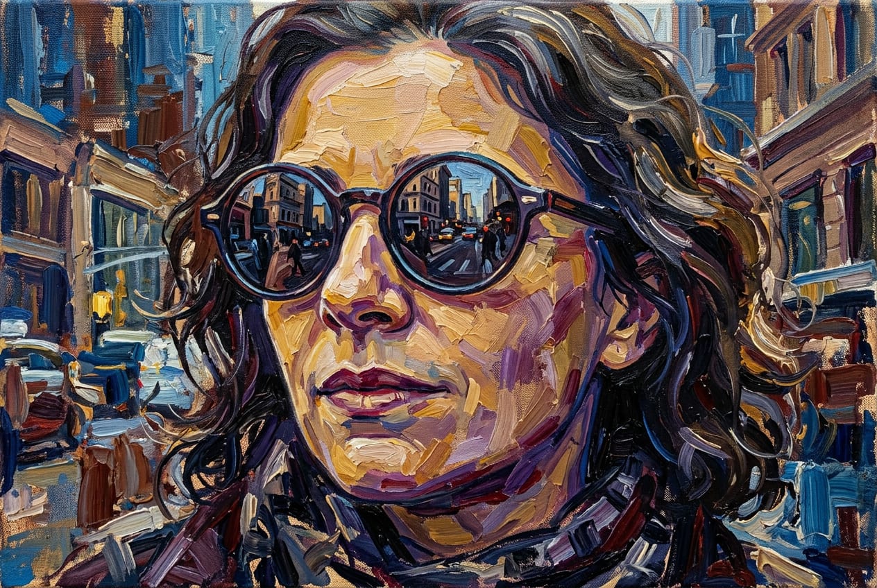 Sample oil canvas: a woman in round dark sunglasses that reflect a city street.