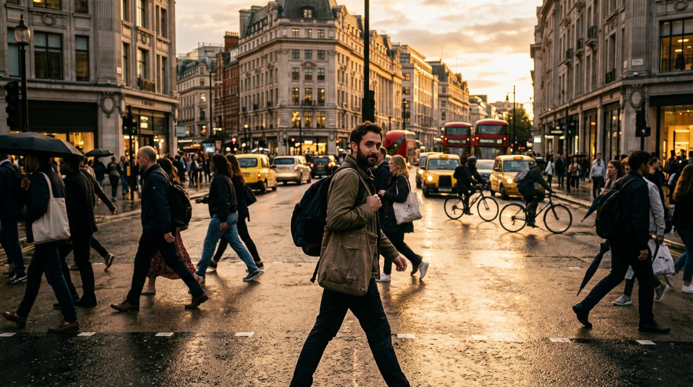 A busy city crossing at golden hour. Strangers walk in every direction and one man in the foreground glances toward the camera.