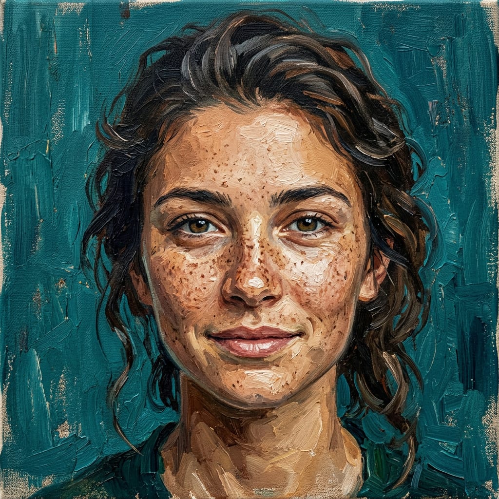 Sample oil canvas: a freckled young woman against a teal background.